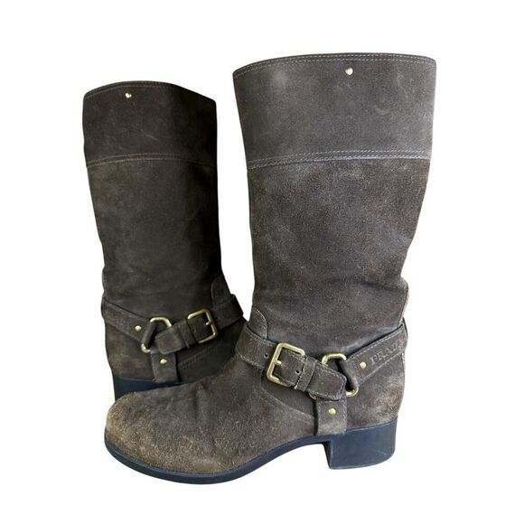Prada Brown Mid calf Suede Biker Boots with Gold Buckle Logo EU 39 US 9 - Picture 11 of 13